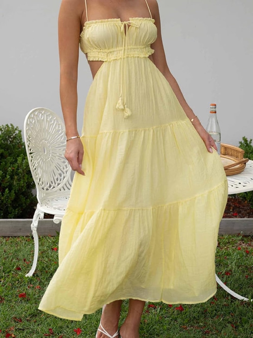 Women's Yellow Tiered Maxi Dress with Spaghetti Straps